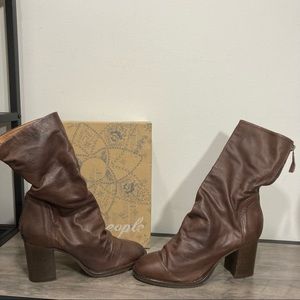 Free People Elle Block Heel Boot Chocolate Brown Leather Ruched Detail Boots NEW